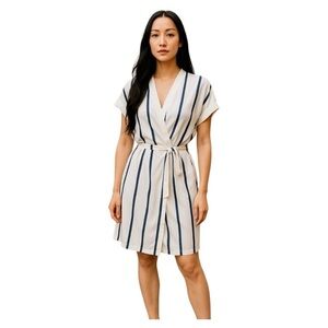 Equipment Femme Striped Wrap Dress White Blue Elegant Satin Minimalist Sz XXS